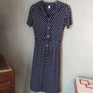 Vintage 1940's 50's Navy Blue Polka Dot Dress Silky Feel Union Made Pinup